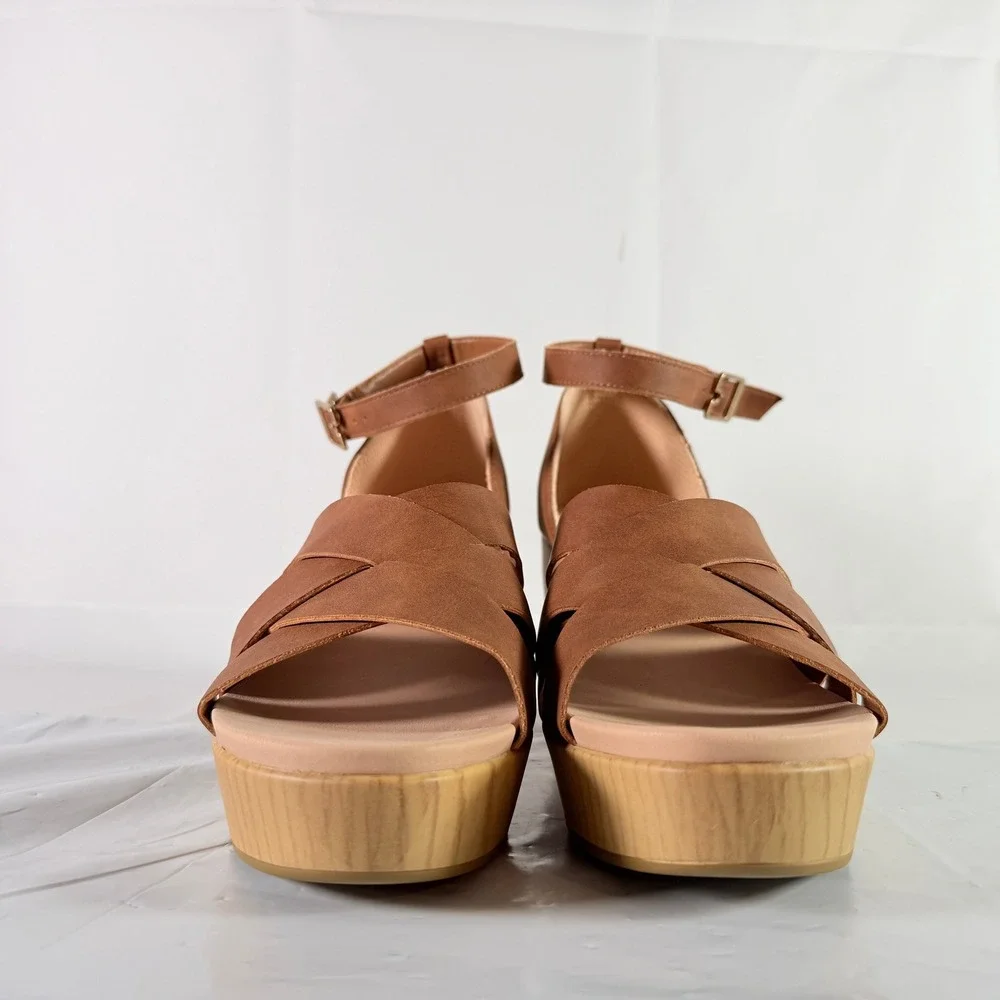 Dr. Scholl's Blissful Platform Heeled Sandal Brown Faux Leather Womens 9.5M